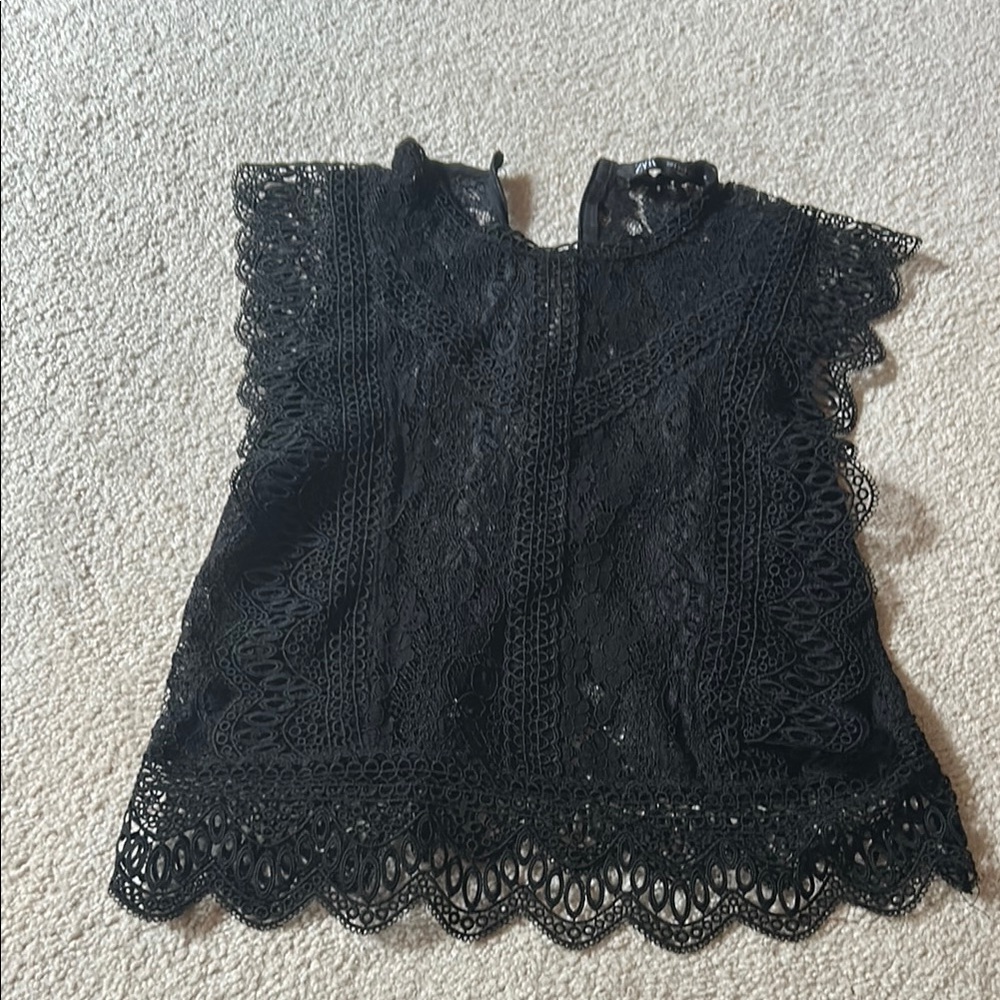 Zara Black Ruffled Embellished Blouse with Mandarin Collar